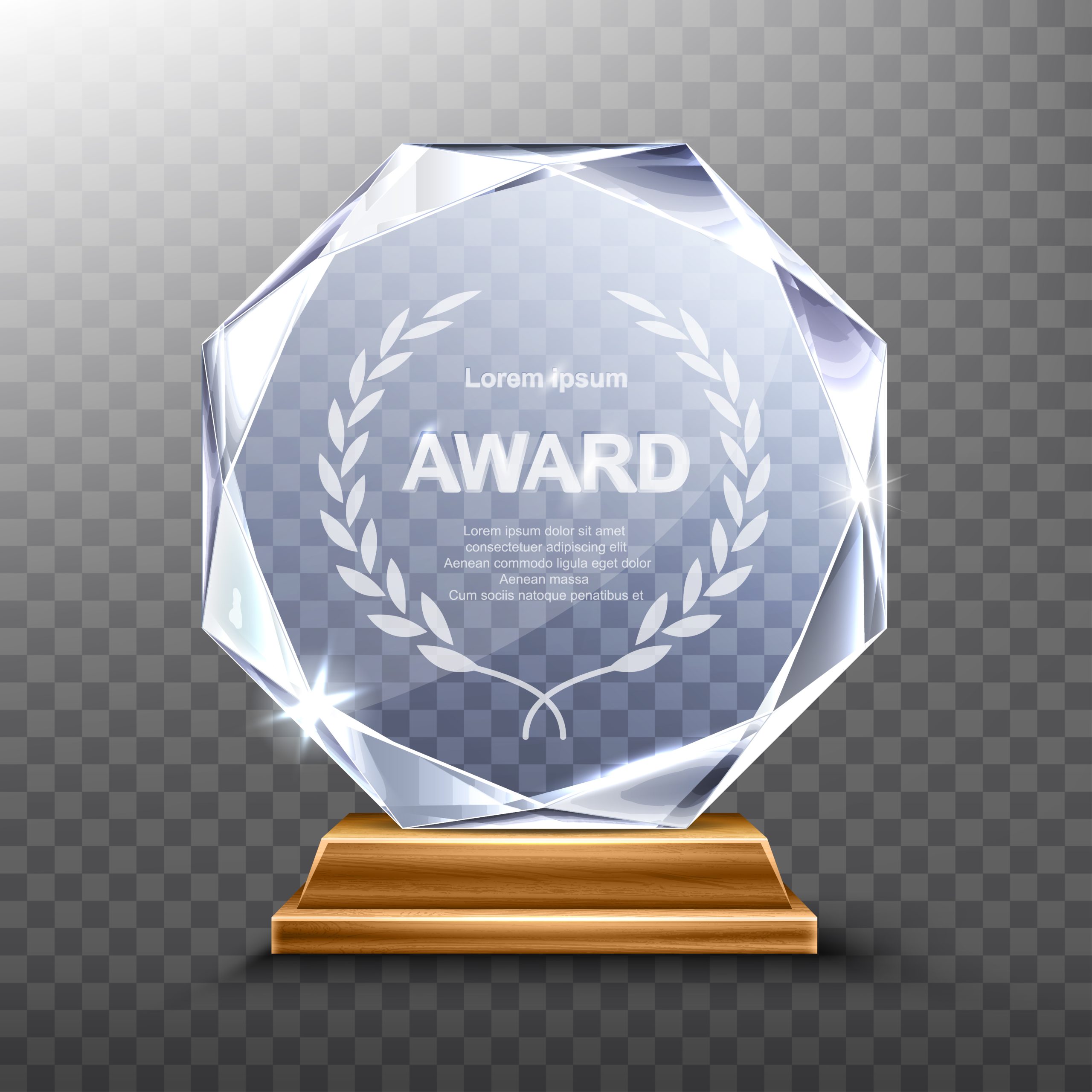 Glass award trophy or winner prize realistic vector illustration. Transparent crystal plate or acrylic diamond frame with laurel wreath on wooden pedestal, isolared front view with light and shadow